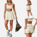 Top Selling 2 Piece Color-Blocked Tennis Skirt Sets for Women, Sexy Sports Bra + Cross Waisted Mini Golf Skorts with Liner Shorts and Pocket Pickleball Outfits