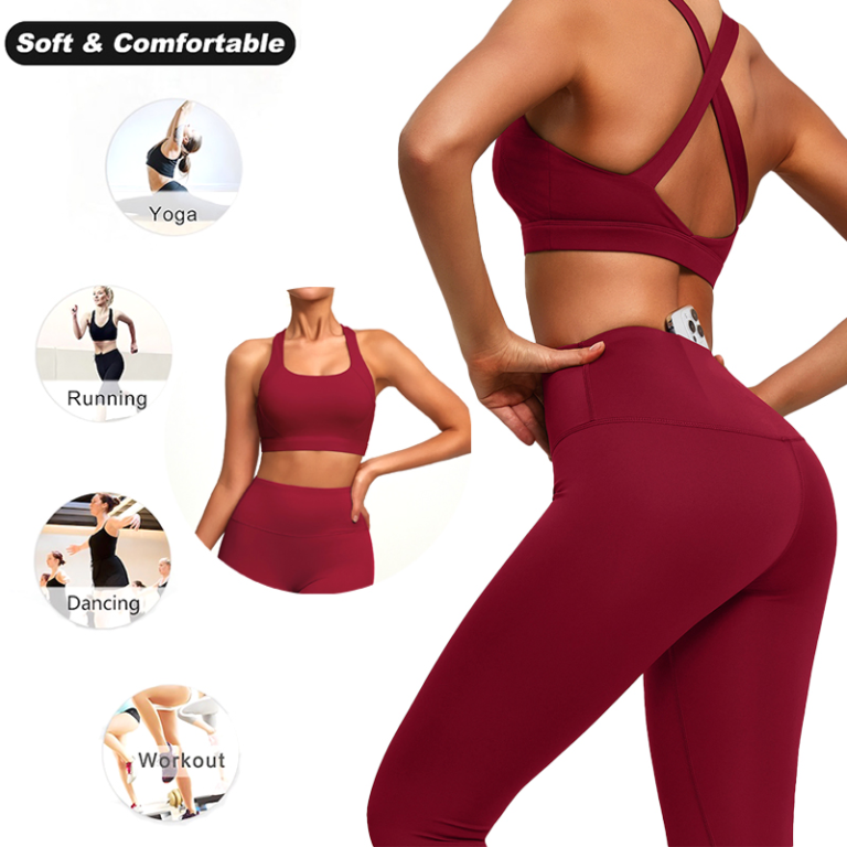 Top Selling 2PCS High Quality Gym Outfits Activewear for Women, Medium Support Cross Back Sports Bra with Seamless Front Athletic Leggings Fashion Workout Set