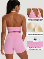 Top Selling 2PCS Hottest Sexy Gym Training Clothes for Woman, Color-Blocked Plunge V Neck Sports Bra with Back Pocket Workout Shorts Backless Yoga Set