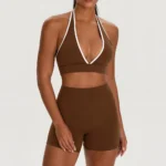 Top Selling 2PCS Hottest Sexy Gym Training Clothes for Woman, Color-Blocked Plunge V Neck Sports Bra with Back Pocket Workout Shorts Backless Yoga Set