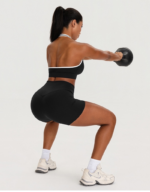 Top Selling 2PCS Hottest Sexy Gym Training Clothes for Woman, Color-Blocked Plunge V Neck Sports Bra with Back Pocket Workout Shorts Backless Yoga Set