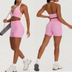 Top Selling 2PCS Hottest Sexy Gym Training Clothes for Woman, Color-Blocked Plunge V Neck Sports Bra with Back Pocket Workout Shorts Backless Yoga Set