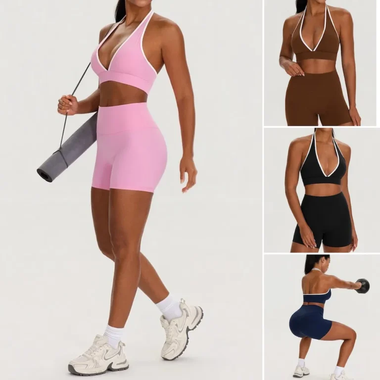 Top Selling 2PCS Hottest Sexy Gym Training Clothes for Woman, Color-Blocked Plunge V Neck Sports Bra with Back Pocket Workout Shorts Backless Yoga Set