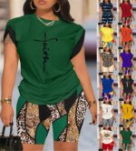 Two Piece Set Short Sets Print Letter Round Neck T Shirts High Waist Pants Splice Tops Pullover Summer Beach Matching Sets