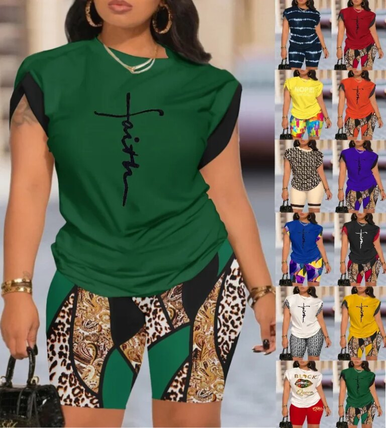 Two Piece Set Short Sets Print Letter Round Neck T Shirts High Waist Pants Splice Tops Pullover Summer Beach Matching Sets