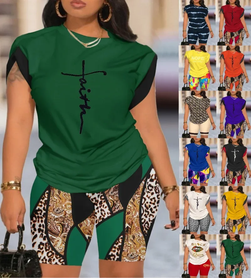 Two Piece Set Short Sets Print Letter Round Neck T Shirts High Waist Pants Splice Tops Pullover Summer Beach Matching Sets Two Piece Set Short Sets Print Letter Round Neck T Shirts High Waist Pants Splice Tops Pullover Summer Beach Matching Sets
