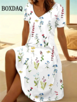 Vintage Summer Dress Women's V-Neck Flowers Printed Casual Beach Vacation Short-Sleeved Dress Loose Women Plus Size Dresses 6XL