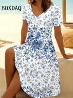 Vintage Summer Dress Women's V-Neck Flowers Printed Casual Beach Vacation Short-Sleeved Dress Loose Women Plus Size Dresses 6XL