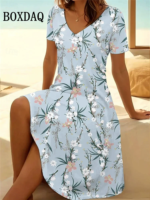 Vintage Summer Dress Women's V-Neck Flowers Printed Casual Beach Vacation Short-Sleeved Dress Loose Women Plus Size Dresses 6XL