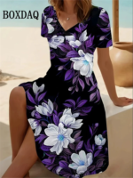 Vintage Summer Dress Women's V-Neck Flowers Printed Casual Beach Vacation Short-Sleeved Dress Loose Women Plus Size Dresses 6XL