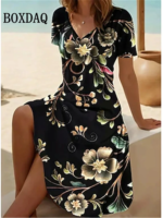 Vintage Summer Dress Women's V-Neck Flowers Printed Casual Beach Vacation Short-Sleeved Dress Loose Women Plus Size Dresses 6XL