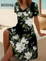 Vintage Summer Dress Women's V-Neck Flowers Printed Casual Beach Vacation Short-Sleeved Dress Loose Women Plus Size Dresses 6XL