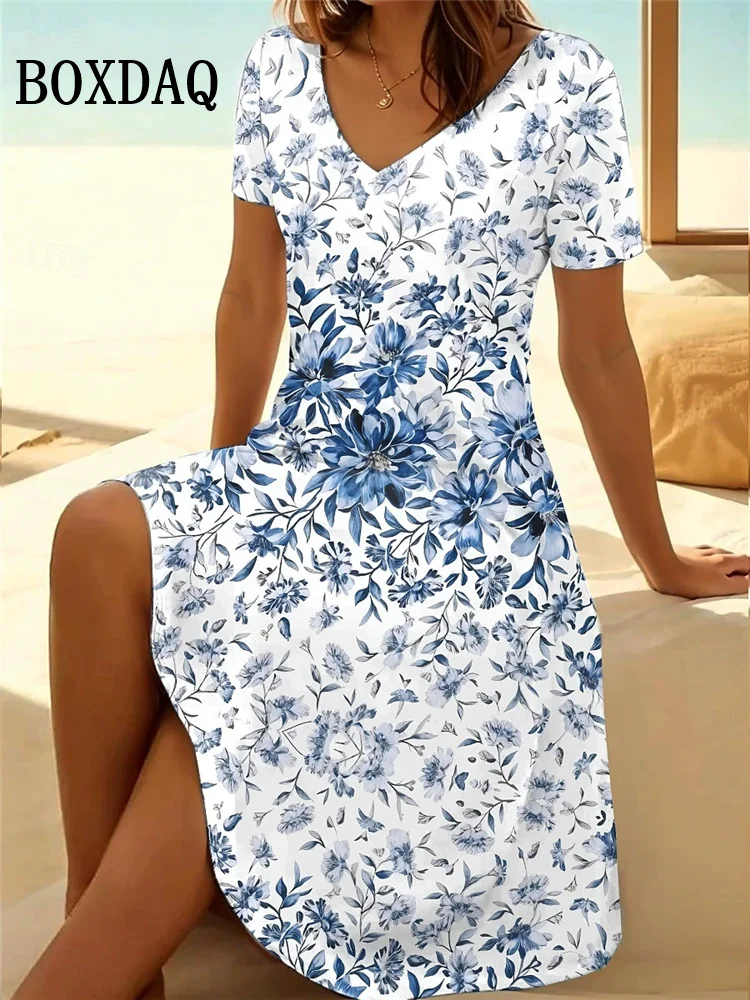 Vintage Summer Dress Women's V-Neck Flowers Printed Casual Beach Vacation Short-Sleeved Dress Loose Women Plus Size Dresses 6XL