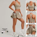 Wholesale 2PCS Matching Athletic Clothing Set Premium Stretchy Pickleball Fitness Wear for Women, Cute V Neck Tank Tops + Golf Skirt with Liner Shorts + Pocket