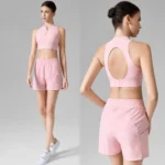 Wholesale 2PCS New Fancy Backless Pickleball Sports Wear for Women, Unique Hollow Back with Zipup Front Sports Bra + Athletic Shorts with Liner and Pockets
