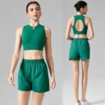 Wholesale 2PCS New Fancy Backless Pickleball Sports Wear for Women, Unique Hollow Back with Zipup Front Sports Bra + Athletic Shorts with Liner and Pockets