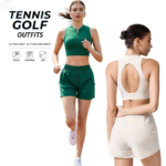 Wholesale 2PCS New Fancy Backless Pickleball Sports Wear for Women, Unique Hollow Back with Zipup Front Sports Bra + Athletic Shorts with Liner and Pockets