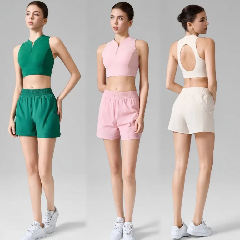 Wholesale 2PCS New Fancy Backless Pickleball Sports Wear for Women, Unique Hollow Back with Zipup Front Sports Bra + Athletic Shorts with Liner and Pockets