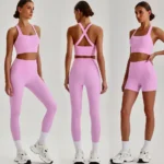 Wholesale 3PCS Premium Comfort High End Yoga Fitness Wear for Woman, Cross Back Sports Bra + High Waisted Shorts + Running Leggings Workout Clothing