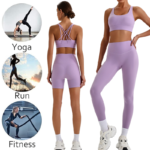 Wholesale 3PCS Sleek Fashion High End Activewear Set, Strappy Back Sports Bra + High-Waist Yoga Leggings + Butt Lifting Gym Shorts Matching Pilates Outfits