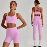 Wholesale 3PCS Sleek Fashion High End Activewear Set, Strappy Back Sports Bra + High-Waist Yoga Leggings + Butt Lifting Gym Shorts Matching Pilates Outfits