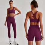 Wholesale 3PCS Sleek Fashion High End Activewear Set, Strappy Back Sports Bra + High-Waist Yoga Leggings + Butt Lifting Gym Shorts Matching Pilates Outfits