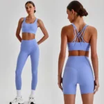 Wholesale 3PCS Sleek Fashion High End Activewear Set, Strappy Back Sports Bra + High-Waist Yoga Leggings + Butt Lifting Gym Shorts Matching Pilates Outfits