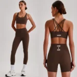 Wholesale 3PCS Sleek Fashion High End Activewear Set, Strappy Back Sports Bra + High-Waist Yoga Leggings + Butt Lifting Gym Shorts Matching Pilates Outfits