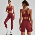 Wholesale 3PCS Sleek Fashion High End Activewear Set, Strappy Back Sports Bra + High-Waist Yoga Leggings + Butt Lifting Gym Shorts Matching Pilates Outfits