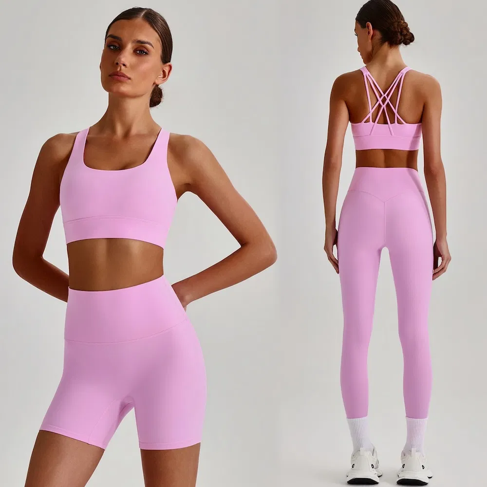 Wholesale 3PCS Sleek Fashion High End Activewear Set, Strappy Back Sports Bra + High-Waist Yoga Leggings + Butt Lifting Gym Shorts Matching Pilates Outfits Wholesale 3PCS Sleek Fashion High End Activewear Set, Strappy Back Sports Bra + High-Waist Yoga Leggings + Butt Lifting Gym Shorts Matching Pilates Outfits