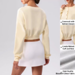 Wholesale and Custom Logo Lightweight Lifestyle Athletic Apparel Cropped Yoga Cardigan with Elastic Cuff, Comfortable Button Down Cotton Sports Tops for Women