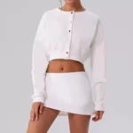 Wholesale and Custom Logo Lightweight Lifestyle Athletic Apparel Cropped Yoga Cardigan with Elastic Cuff, Comfortable Button Down Cotton Sports Tops for Women