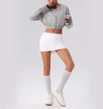 Wholesale and Custom Logo Lightweight Lifestyle Athletic Apparel Cropped Yoga Cardigan with Elastic Cuff, Comfortable Button Down Cotton Sports Tops for Women