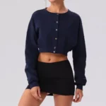 Wholesale and Custom Logo Lightweight Lifestyle Athletic Apparel Cropped Yoga Cardigan with Elastic Cuff, Comfortable Button Down Cotton Sports Tops for Women