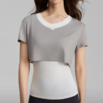 Wholesale Latest Stylish Color-Blocked Exercise T Shirt for Women, Trendy Crewneck 2 in 1 Tee Shirts Fake Two-Piece Short Sleeve Activewear Tops