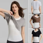 Wholesale Latest Stylish Color-Blocked Exercise T Shirt for Women, Trendy Crewneck 2 in 1 Tee Shirts Fake Two-Piece Short Sleeve Activewear Tops
