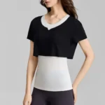Wholesale Latest Stylish Color-Blocked Exercise T Shirt for Women, Trendy Crewneck 2 in 1 Tee Shirts Fake Two-Piece Short Sleeve Activewear Tops