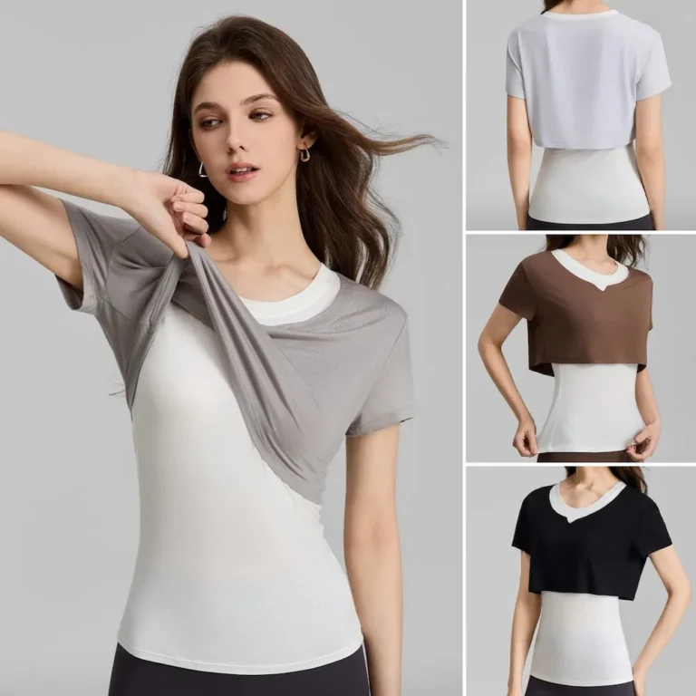 Wholesale Latest Stylish Color-Blocked Exercise T Shirt for Women, Trendy Crewneck 2 in 1 Tee Shirts Fake Two-Piece Short Sleeve Activewear Tops