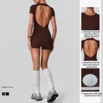 Wholesale New Attractive Backless and Comfortable One Piece Activewear Romper with Bra, Short Sleeve Casual Crewneck T-Shirt Top Yoga Bodysuit for Ladies