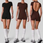Wholesale New Attractive Backless and Comfortable One Piece Activewear Romper with Bra, Short Sleeve Casual Crewneck T-Shirt Top Yoga Bodysuit for Ladies
