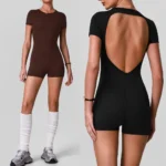 Wholesale New Attractive Backless and Comfortable One Piece Activewear Romper with Bra, Short Sleeve Casual Crewneck T-Shirt Top Yoga Bodysuit for Ladies