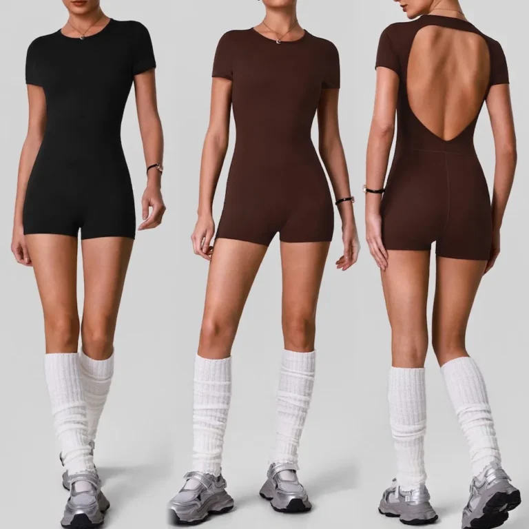 Wholesale New Attractive Backless and Comfortable One Piece Activewear Romper with Bra, Short Sleeve Casual Crewneck T-Shirt Top Yoga Bodysuit for Ladies