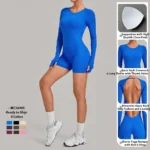 Wholesale New Trendy Backless Fashion Gym Leotard for Woman, Long-Sleeve Yoga Romper with Thumb Holes Shorts Dance Fitness Bodysuit with Bra