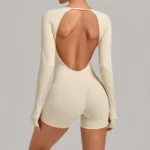 Wholesale New Trendy Backless Fashion Gym Leotard for Woman, Long-Sleeve Yoga Romper with Thumb Holes Shorts Dance Fitness Bodysuit with Bra