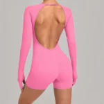 Wholesale New Trendy Backless Fashion Gym Leotard for Woman, Long-Sleeve Yoga Romper with Thumb Holes Shorts Dance Fitness Bodysuit with Bra