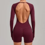 Wholesale New Trendy Backless Fashion Gym Leotard for Woman, Long-Sleeve Yoga Romper with Thumb Holes Shorts Dance Fitness Bodysuit with Bra