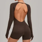 Wholesale New Trendy Backless Fashion Gym Leotard for Woman, Long-Sleeve Yoga Romper with Thumb Holes Shorts Dance Fitness Bodysuit with Bra