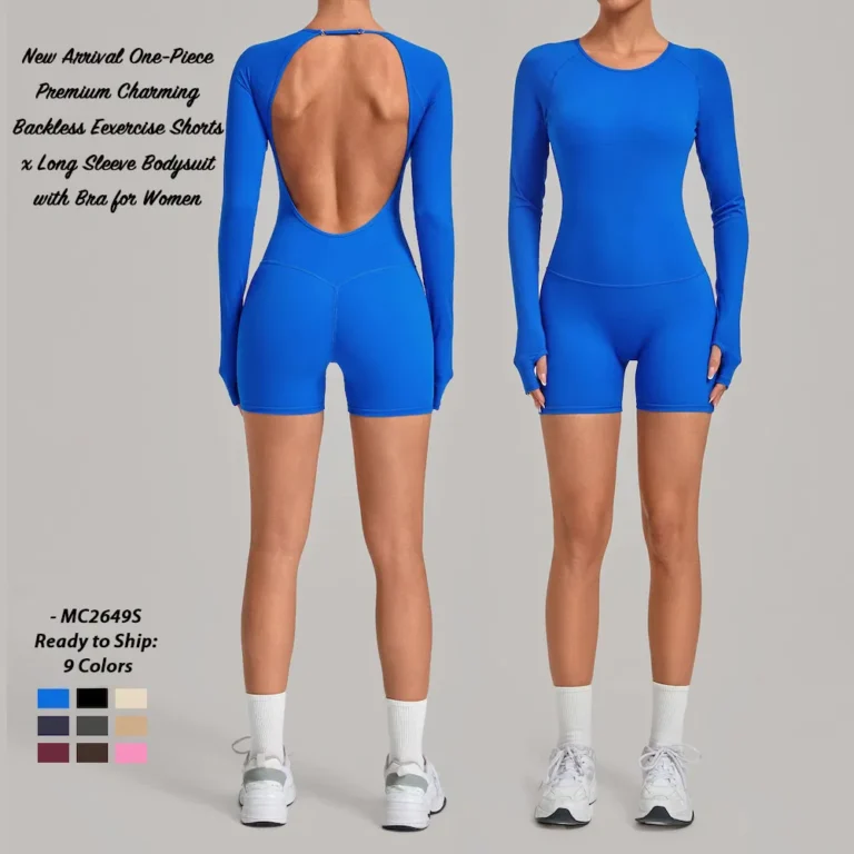 Wholesale New Trendy Backless Fashion Gym Leotard for Woman, Long-Sleeve Yoga Romper with Thumb Holes Shorts Dance Fitness Bodysuit with Bra