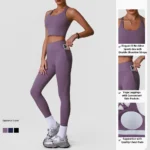 Wholesale ODM/OEM 2PCS Ladies Yoga Pilates Outfits Fitness Active Wear for Woman, Cute Padded Cross Back Sports Tank Tops + Running Leggings with Side Pocket