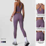 Wholesale ODM/OEM 2PCS Ladies Yoga Pilates Outfits Fitness Active Wear for Woman, Cute Padded Cross Back Sports Tank Tops + Running Leggings with Side Pocket